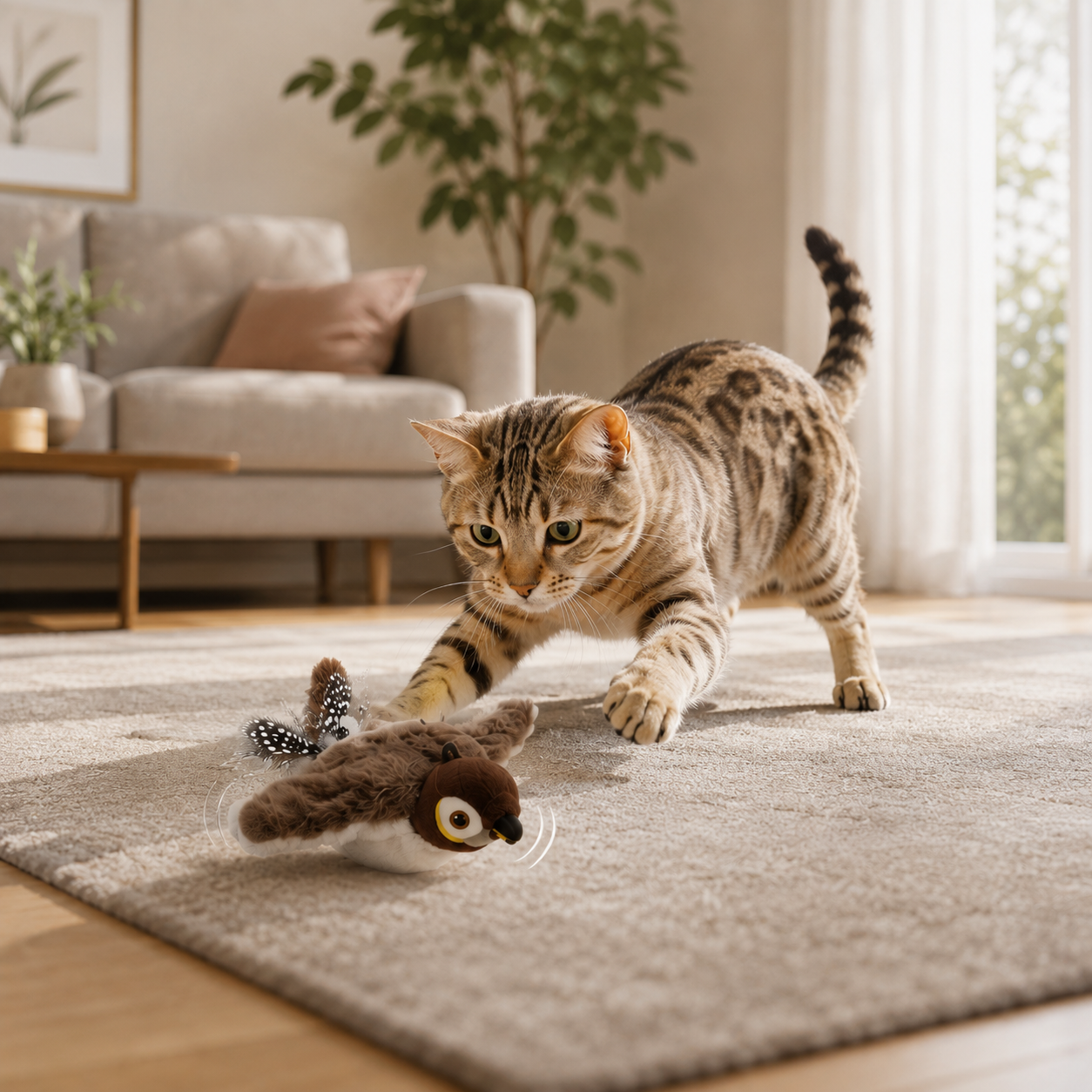 Cat Toy Interactive Flapping Bird with Catnip Rechargeable Simulation Bird Cat Toys Touch Activated Fluffy Plush Toys for Cats
