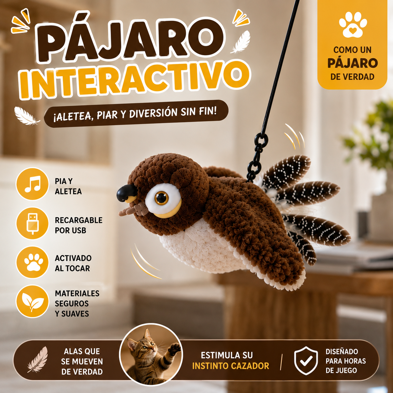 Cat Toy Interactive Flapping Bird with Catnip Rechargeable Simulation Bird Cat Toys Touch Activated Fluffy Plush Toys for Cats